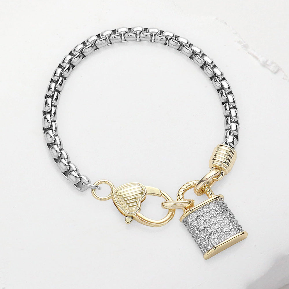 Two Tone CZ Stone Paved Lock Charm Pointed Bracelet