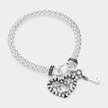 Antique Metal Heart Key Charm Stretch Bracelet