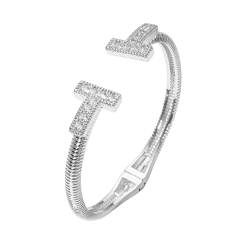 CZ Stone Paved T Tip Cuff Bracelet - Silver