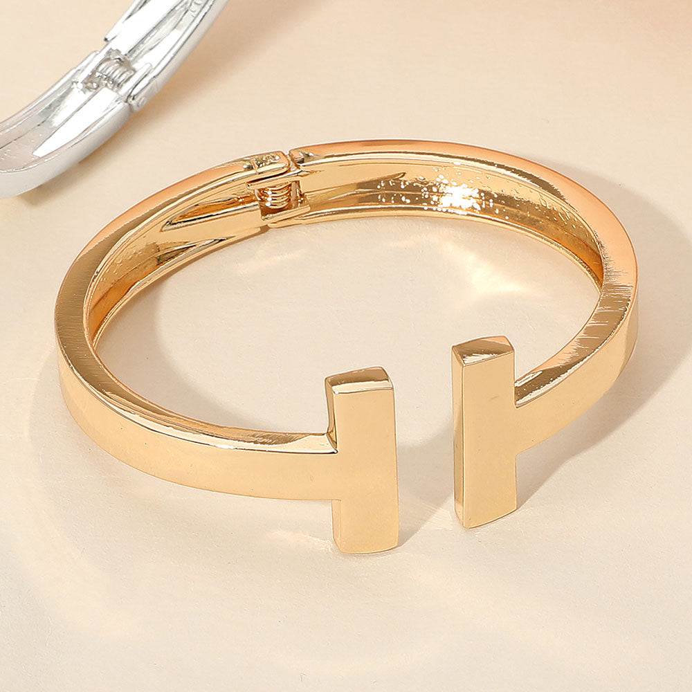 Brushed Metal T Tip Hinged Cuff Bracelet - Gold