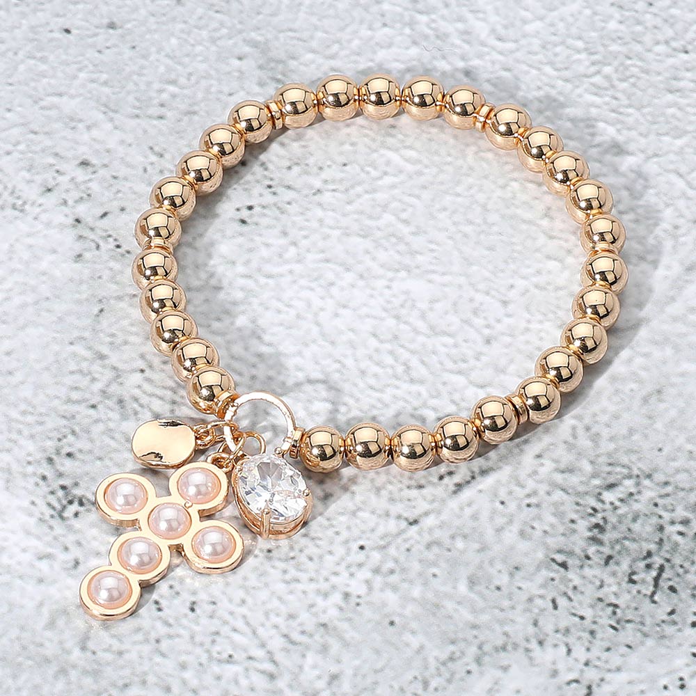 Pearl Cross Stone Charm Metal Ball Stretch Bracelet