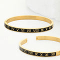 Enamel Roman Numeral Embossed Stainless Steel Hinged Bangle Bracelet - Black