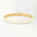 Enamel Roman Numeral Embossed Stainless Steel Hinged Bangle Bracelet - White