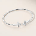 Stainless Steel Stone Paved Cross Tip Cuff Bracelet - Silver