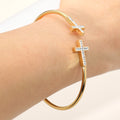 Stainless Steel Stone Paved Cross Tip Cuff Bracelet - Gold