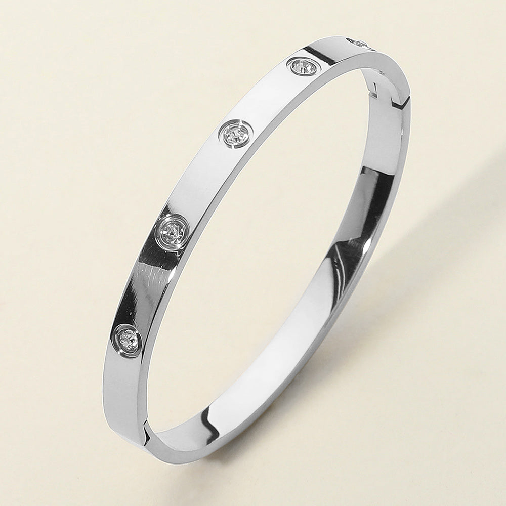Stainless Steel Stone Paved Hinged Bangle Bracelet - Silver